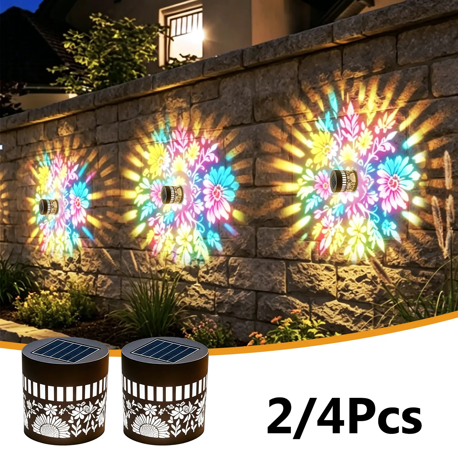 2-Pack Solar Outdoor Lights, Metal Hollow Colorful Sunflower IP65 Waterproof Dusk-to-Dawn Projection Decorative Fence Lights for Terraces, Patios
