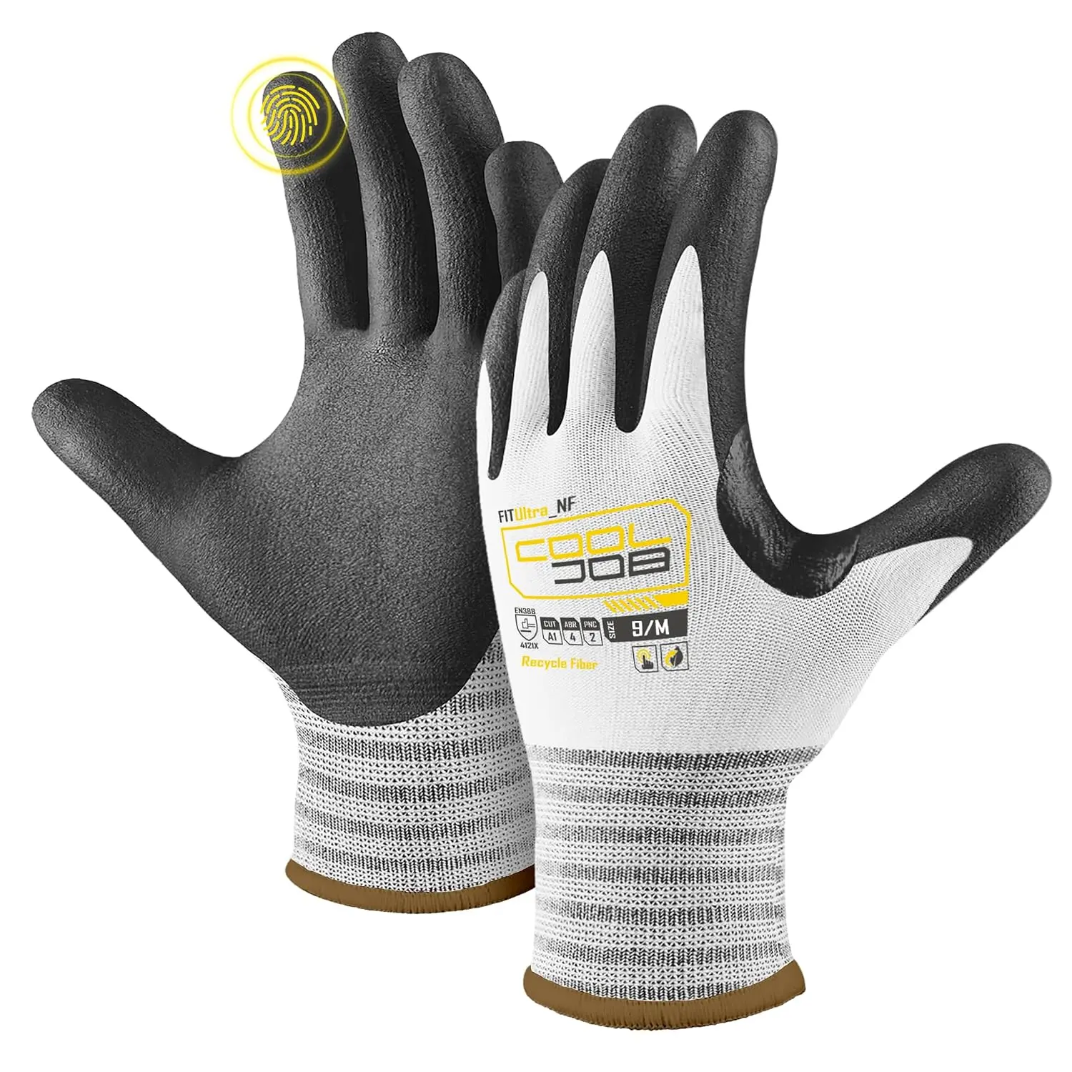 COOLJOB 10 Pairs Bulk Safety Work Gloves for Men, Medium White Touchscreen MicroFoam Nitrile Coated Gloves with Grip, 100% Recycled Polyester, Oil-Resistant for Lawn Care & Warehouse Use