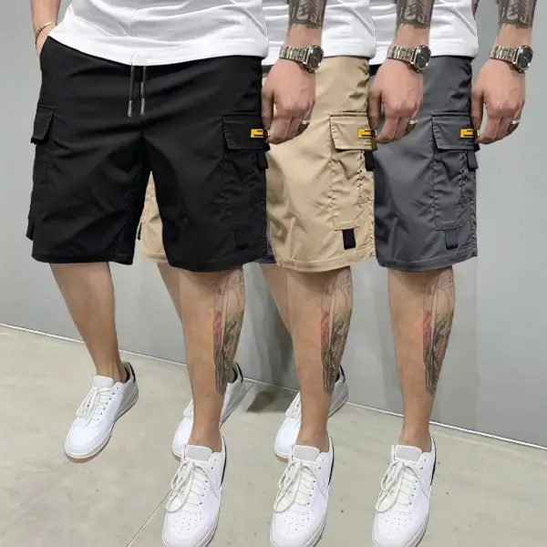Street-style three-piece set! Men’s multi-pocket cargo shorts, above-the-knee length, comfortable and stylish—perfect for everyday casual wear and sporty outfits, non-stretch cargo shorts.