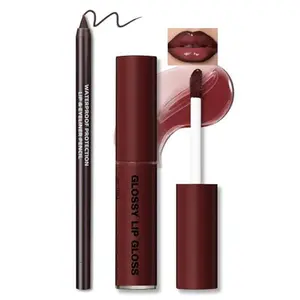 HOSAILY Nourishing Lip Gloss with Brown Lip Liner Combo Set, Moisturizing High Shine Lip Glow Oil Fresh Lightweight Lip Care, Glossy Plumper Lip Gloss for Women, Long Wear Lipstick Makeup Kit#3