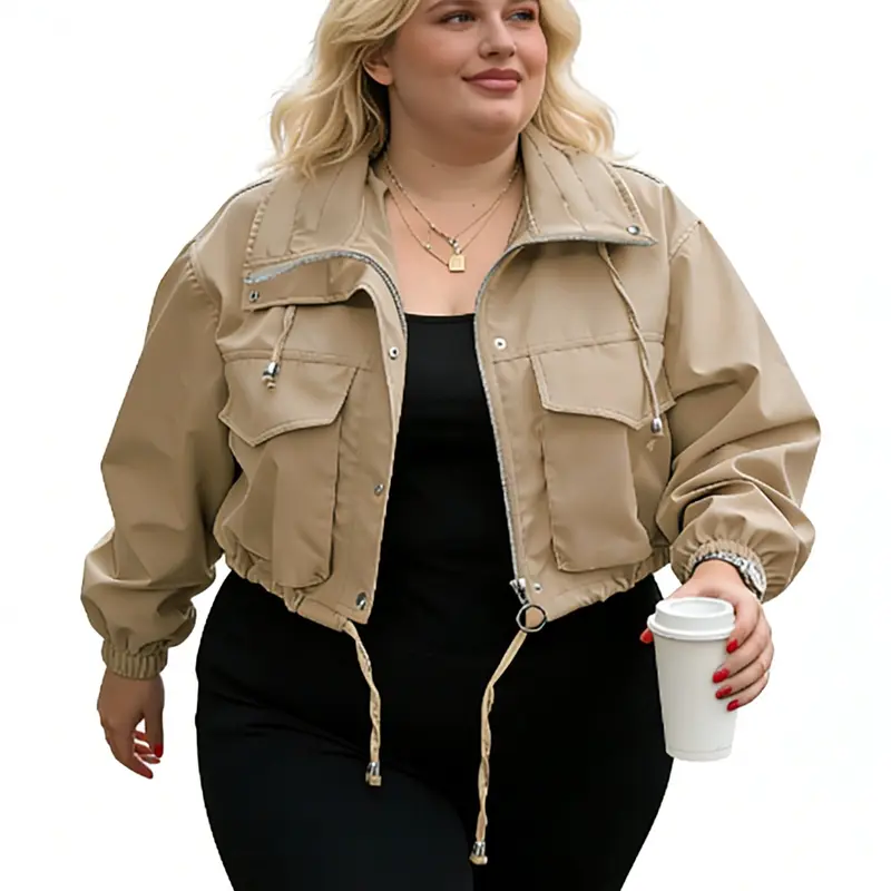 Women's Plus Size Lightweight Oversized Short Collared Jacket, Zipper Outerwear With Pockets, Casual Jacket for Spring & Fall