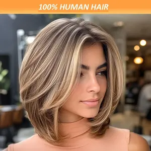 New Wholesale Hot Women'S Natural Look Straight Bob Wig - Dark Brown to Blonde Ombre Highlights, 180% Density Brazilian Remy Human Hair, 4x4 Lace Front with Lace Base, Everyday & Special Occasion Hairstyle for Parties, Weddings, Photo Shoots - Suitfor All
