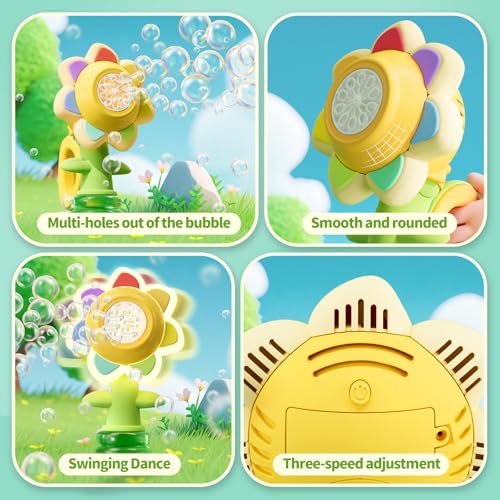 Rechargeable Flower Bubble Guns for Kids W/LED Lights & 10 Refill Solutions, Fun Swing Dance Bubble Maker Machine Blower Blaster Toys,Outdoor Summer Play, Easter, Birthday Party Favors & Gifts