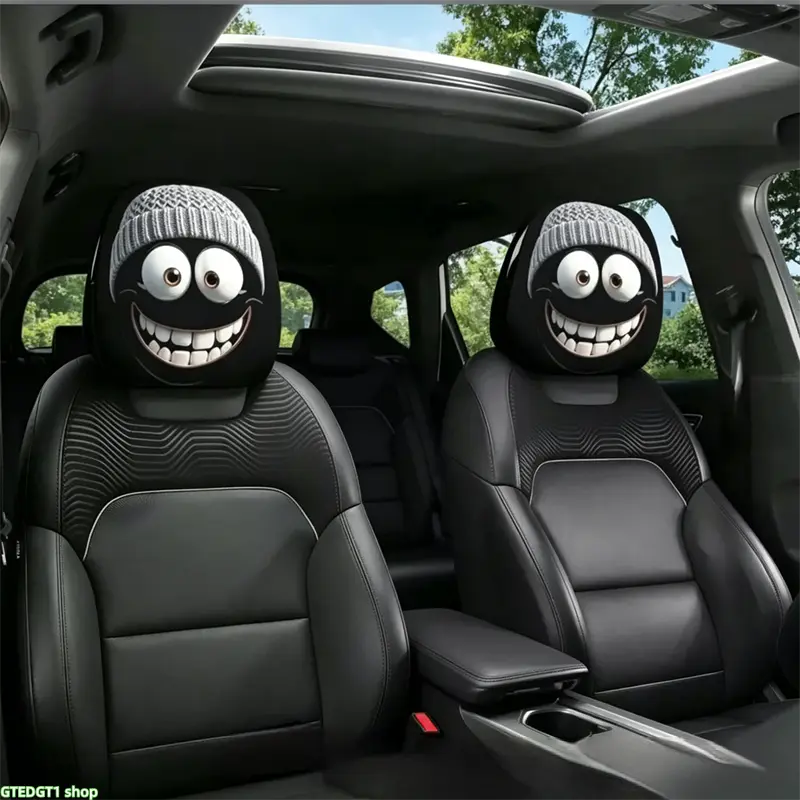 Gothic Grinning Cartoon Monster Car Headrest Covers 2 PCS, Universal Fit for Cars SUVs Trucks, Breathable Fabric Protector, Spooky Big Eyes Smile Design, Black Gothic Auto Accessories, Easy Install & Washable, Upgrade Your Ride with Dark Edgy Vibe Car Dec