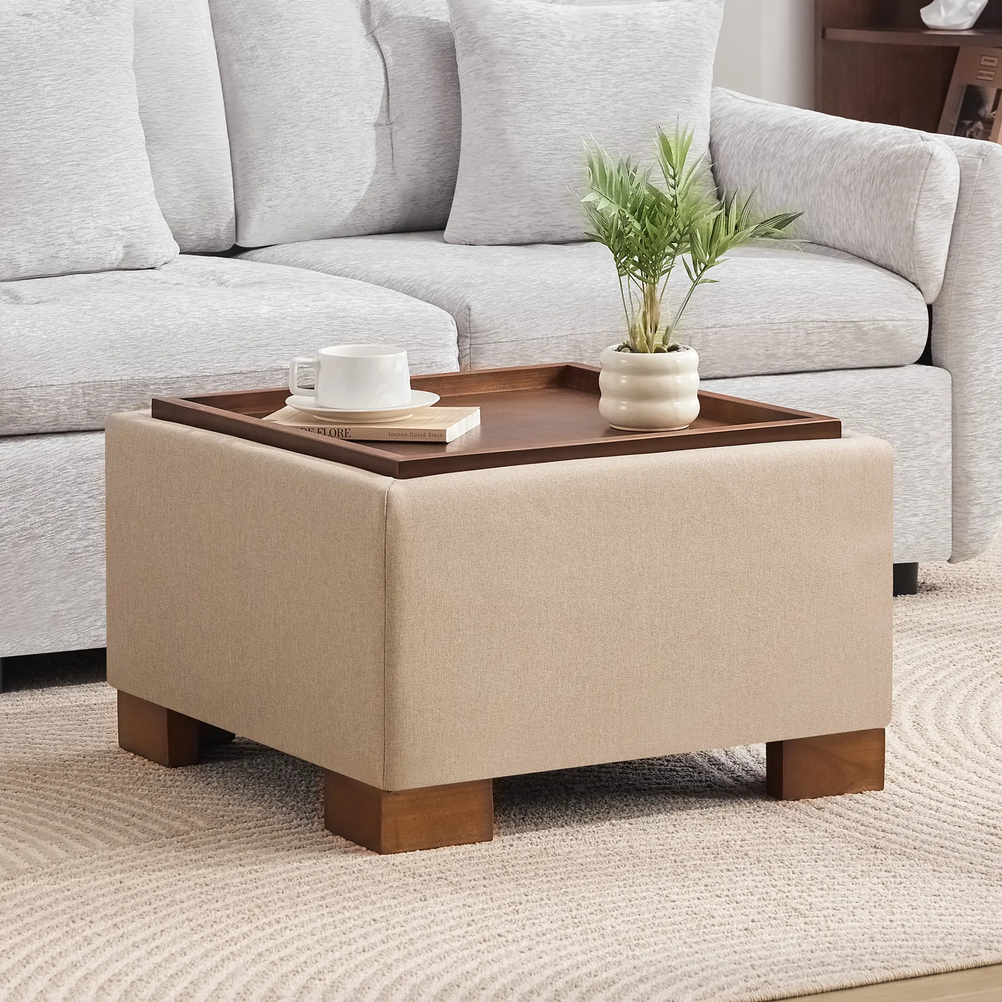 2-in-1 Storage Ottoman (with Tray Top) – Square Coffee Table for Living Rooms; Ideal for Small Spaces; Multifunctional Square Storage Ottoman Suitable for Living Rooms and Bedrooms; Convenient for Holding Drinks, Snacks, etc.