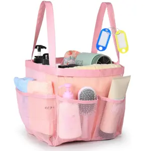 Mesh Shower Caddy Tote, Large Shower Caddy Basket Portable, Quick Dry Hanging Toiletry Bag, 8 Storage Pocket Bath Organizer for College Dorm, Gym, Camp, Travel (Pink)