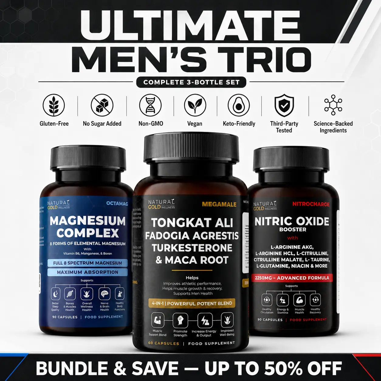 Ultimate Men's Trio – 24-Hour Build, Pump & Recover Stack | Nitric Oxide 2250mg, 8-Forms Magnesium Complex, Tongkat Ali, Turkesterone, Tribulus & Maca | Supports Men Health, Muscle, Strength, Energy, Stamina, Sleep & Recovery | Edible Fitness Supplement