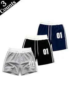 High-waisted color-block white waist shorts with number print and side stripes — 3-pack summer casual home running fitness hot pants