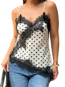 Women's Summer Fashion Lace Splicing Polka Dot Print Halter Top, V Neck Adjustable Straps, Asymmetrical Hem Satin Blouse, Casual Vest, Womenswear