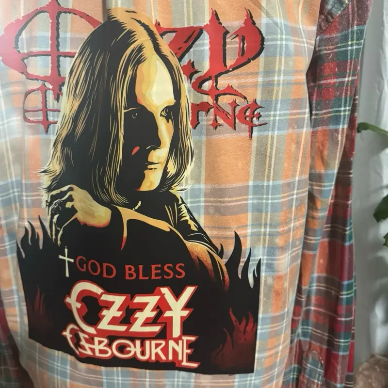 Women's Bleached Distressed Ozzy Ozbourne Flannel Shirt with Iconic Band Graphic and Plaid Design