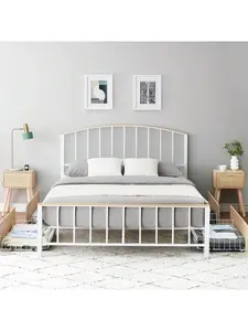 White Queen-Size Storage Bed Frame with Headboard, Footboard, 4 Under Bed Storage Drawers on Wheels, 800lb Capacity Metal Frame Mattress Foundation, No Box Spring Required, Easy Setup