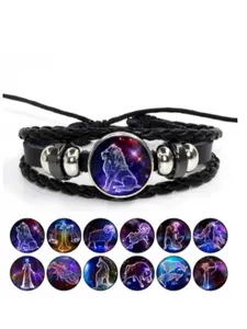 Vintage Adjustable Pu Braided Bracelet, Leather Braided Bracelet, Artificial Gemstone Twelve Constellations Bracelet, Fashion Jewelry Accessories for Men & Women