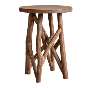 Eli Hand-Carved Solid Wood Side Table with Twig Base