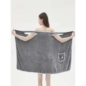 Soft & Absorbent One-Shoulder Bath Towel Wrap with Pocket - Adjustable, Quick-Drying, Micro Elasticity Shower Robe for Women, Mature Style, All-Season, Solid Color, No Printing, Knit Fabric