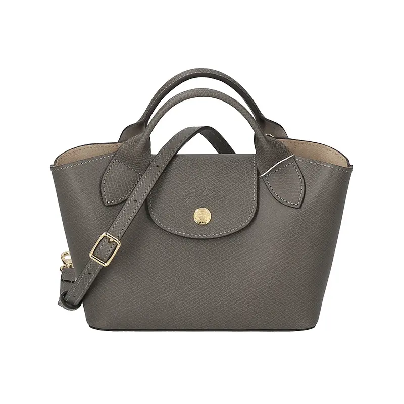 Women's LONGCHAMP Cowhide Leather Crossbody Handbag with Logo, Dark Gray, Dual Carry, Leather Crossbody Purses, Cowhide Leather Handbag