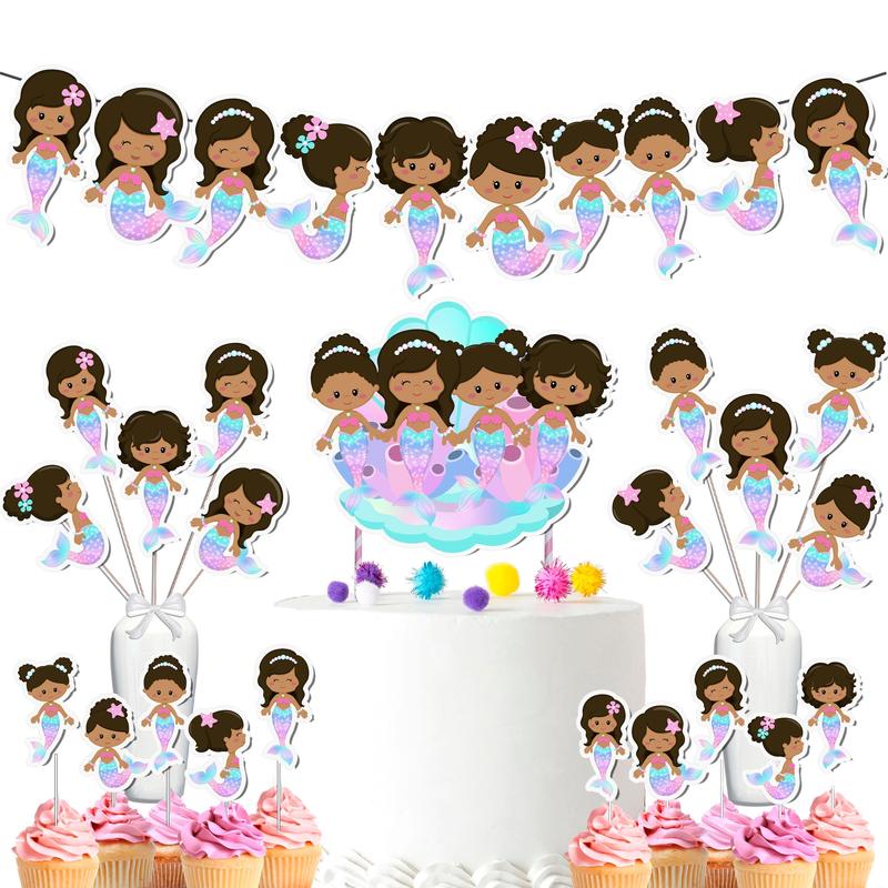 Afro Mermaid Party Decor Set - Enchanting Cake Topper, Cupcake Toppers, Centerpieces & Banner for Magical Baby Showers and Birthdays