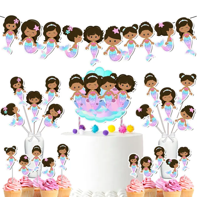 Afro Mermaid Party Decor Set - Enchanting Cake Topper, Cupcake Toppers, Centerpieces & Banner for Magical Baby Showers and Birthdays