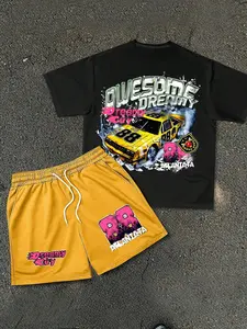 Two-Piece Set Men's Regular Fit Car & Figure Print Short Sleeve Tee & Shorts, Casual Street Round Neck T-shirt & Shorts, Summer Clothes Set for Men