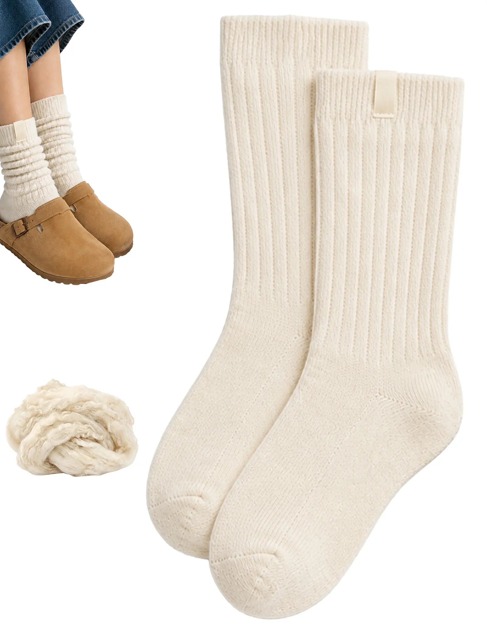 FUNTOUR Women's Wool Warm Mid-Length Boot Socks - Slouchy Scrunch Ribbed Knit, Plain Fluffy Crew Socks with Seamless Spandex Fabric, Breathable for Fall Winter Everyday Wear