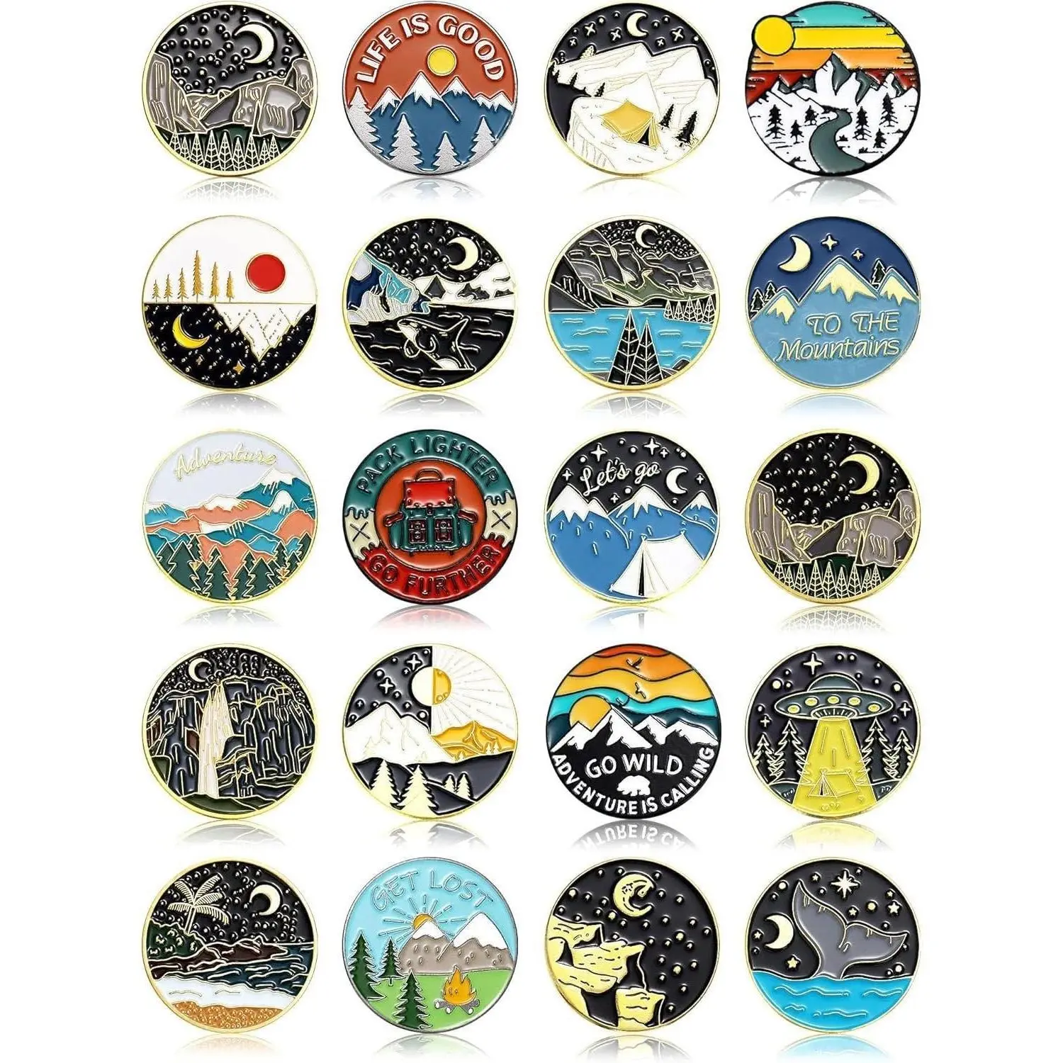 20-Piece Vintage Enamel Pin Set, Graphic Nature & Whale Themed Metal Brooches, Durable Lapel Badges for Backpacks & Jackets, Durable Metal Pins, Whales, Mountaineering, Running, Lakes, Moons, Long-Lasting Shine, 0.9 Inch Diameter, Unisex Use, Geometric Ar
