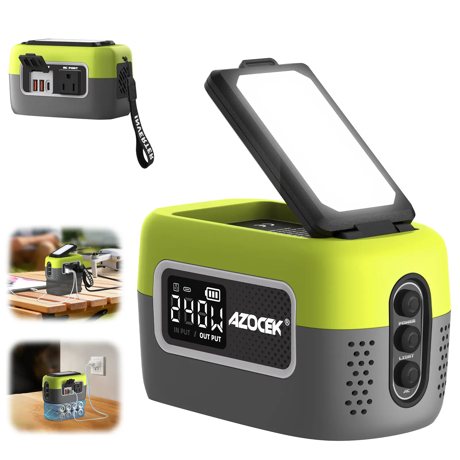 Azocek 240W Power Inverter Pure Sine Wave Compatible with Ryobi 18V Battery, 7A Fast Charger Portable Power Station with 120V AC Outlet, 140W USB-C, 2 QC USB Ports(18W), 600LM LED [Battery Not Included]