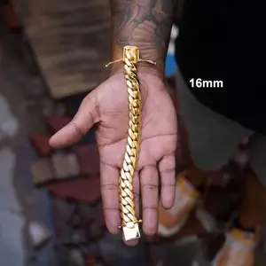 18K Gold Vacuum Plated Stainless Steel Chain & Copper Deployment Clasp Miami Cuban Link Chain Italy Mexico & Micro Inspired Unisex Hip Hop 16mm Bracelet for Men & Women Jewelry,Daily Wear,Casual Fashion,Gift,Chicano Style,Weighty,Stackable