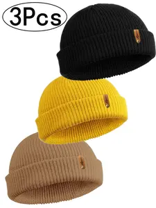 3Pcs-Beanie Hat Knit Ski Cap Fisherman Beanie for Men Women‘s solid color knitted hat jewelry accessories