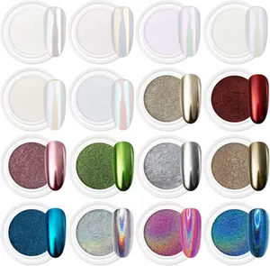 16Jars Chrome Nail Powder Magic White Pearl Kit Mirror Effect Silver Metallic Holographic Dip Nail Powder for Craft & Nail Art Fimo, Decoration Iridescent Aurora Mermaid Pigment
