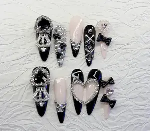 Handmade Luxury Gothic Press-On Nails | 3D Gemstone Charms Black & Silver Stiletto Nails | Reusable Fake Nails with Glue Kit
