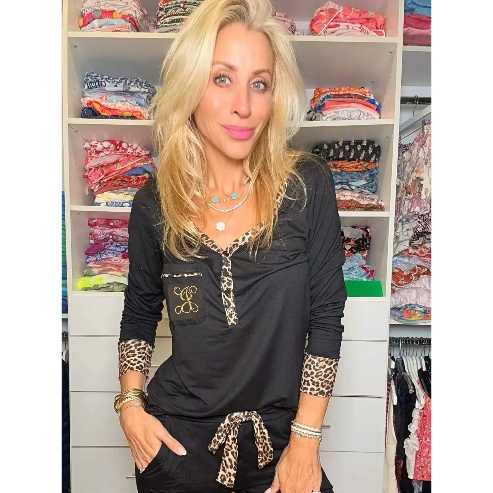 Black With Leopard Trim Jogger Pajama Set - EMBROIDERED