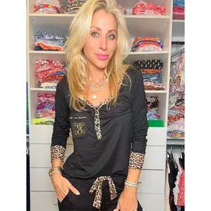 Black With Leopard Trim Jogger Pajama Set - EMBROIDERED