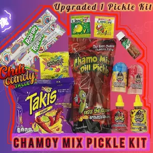Variety Chamo Mix Pickle Kit with Takis, 2 Lucas Powders Mango & Chamoy, 2 Liquid Lucas Chamoy & Tamarind, Tajin, Gushers, 2 Fruit Roll Ups, Pica Limon Hot Powder, Limon7 Salt Powder