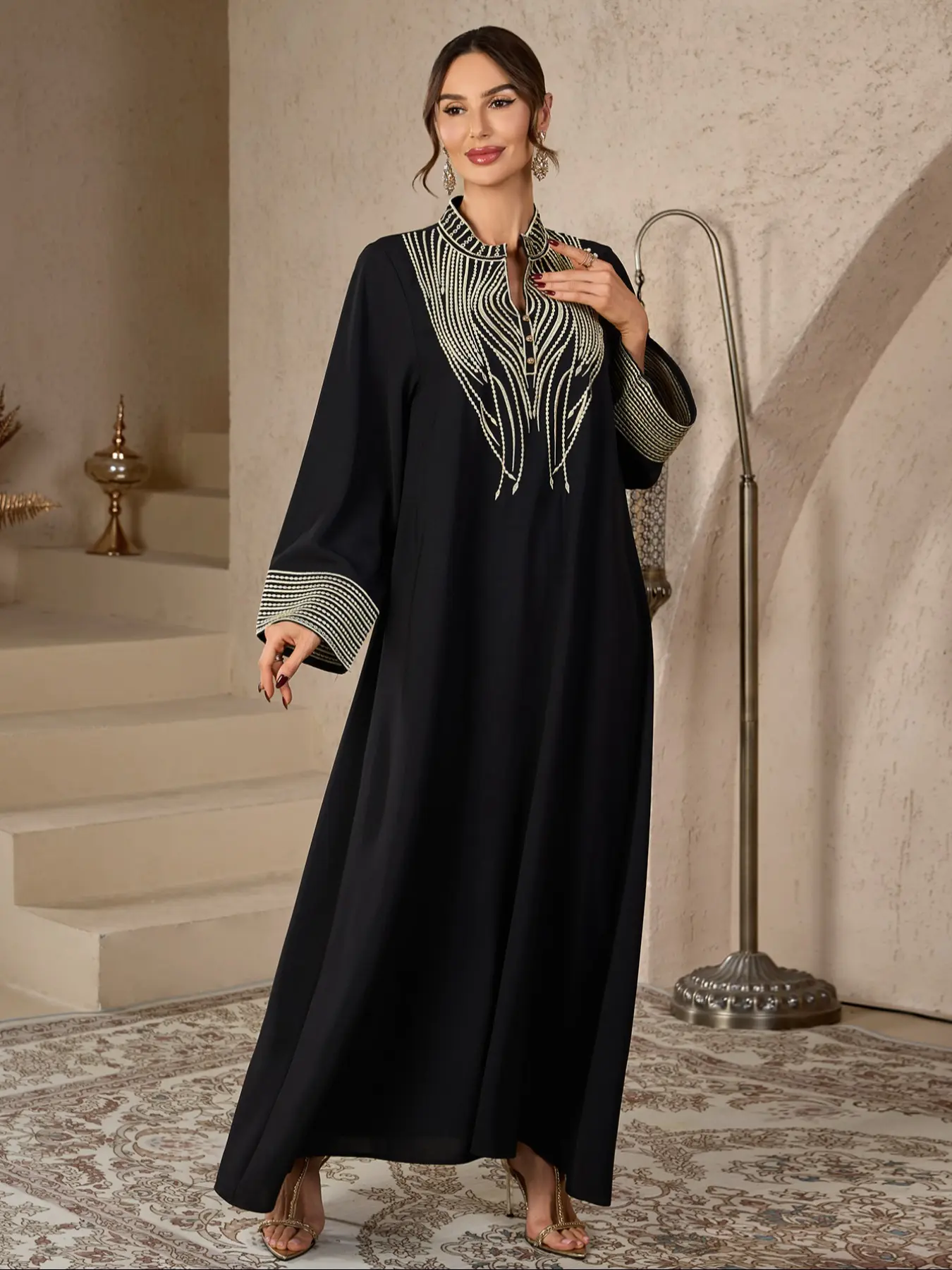 Dubai Embroidered Long Dress, Casual Loose Fit Abaya for Muslim Women,  Modest Style, Long Sleeve, All Seasons, 1 Piece - TikTok Shop