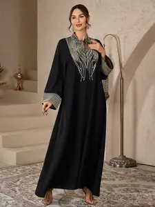 Dubai Embroidered Long Dress, Casual Loose Fit Abaya for Muslim Women, Modest Style, Long Sleeve, All Seasons, Loose Abayas, 1 Piece