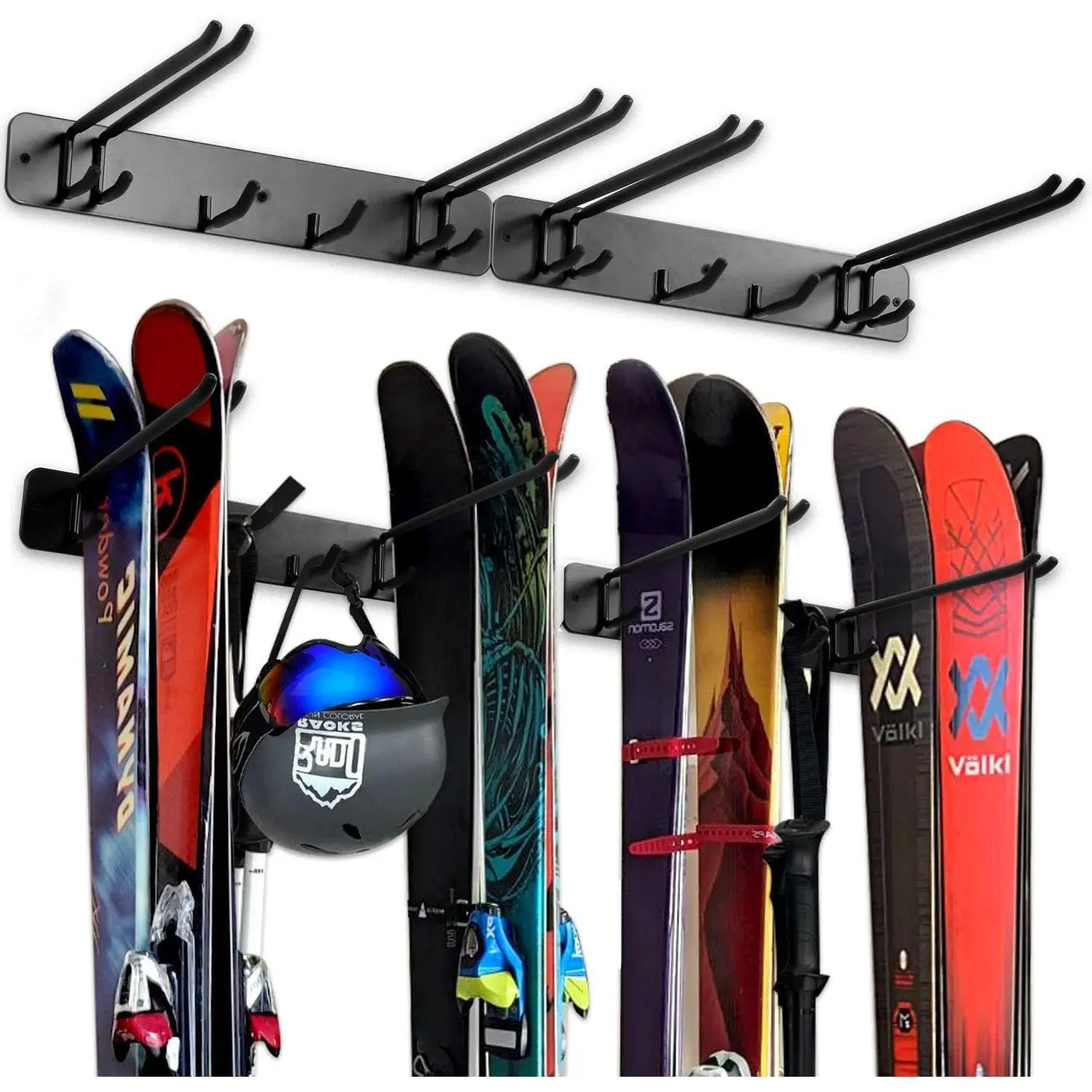 Wall Mount Ski Storage Rack,Garage Snowboard Storage Organizer 8 Pairs Metal Hooks Indoor Outdoor System Organization