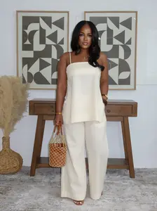 USBOUTIQUE CHIC Women's Elegant Two Piece Outfit Spaghetti Strap Square Neck Camisole Top & High Waist Wide Leg Pants Casual Everyday Curvy-Friendly