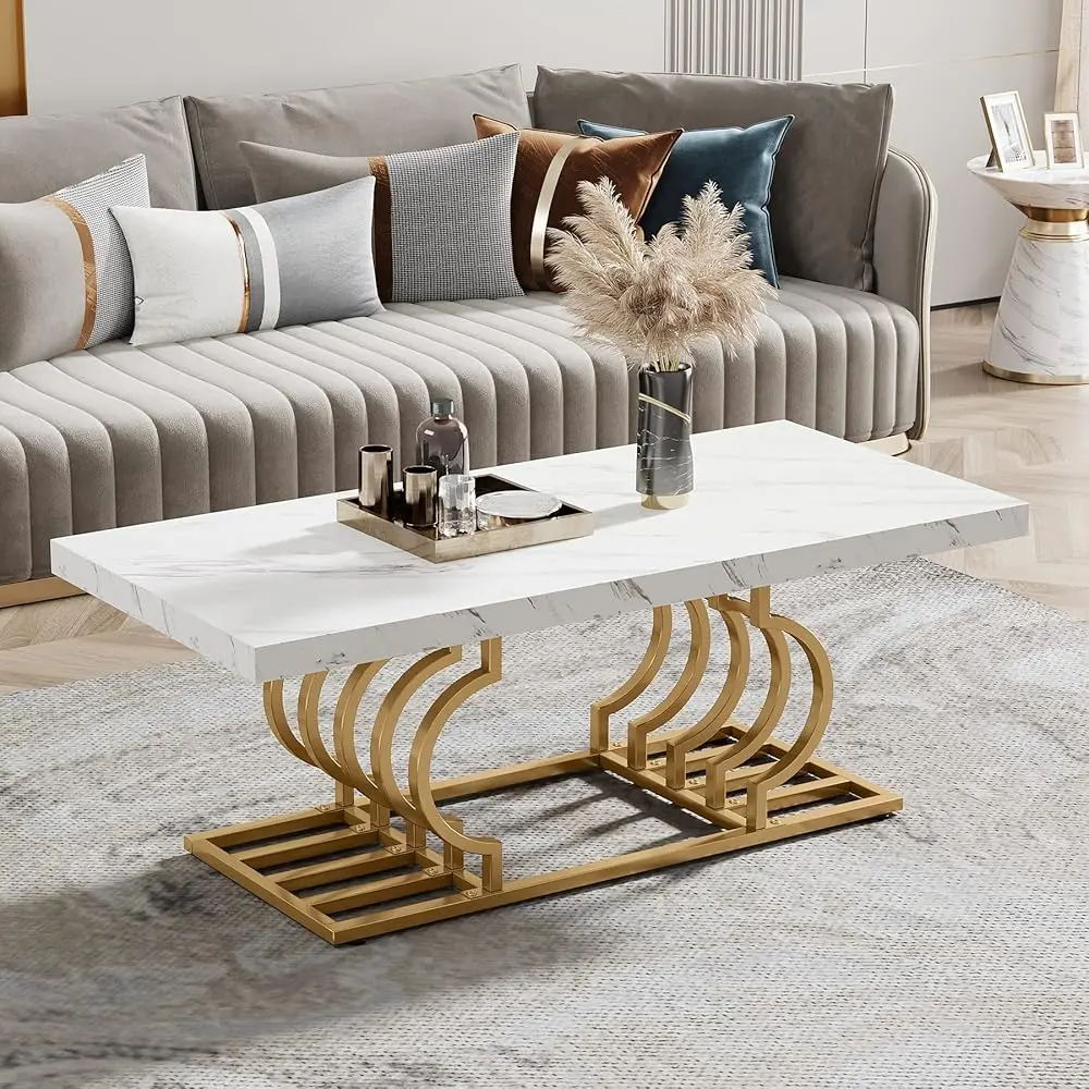 Tribesigns 47 Inch Faux Marble Coffee Table for Living Room, Rectangular Center Table with Geometric Frame, Simple Assembly, Black/Gold