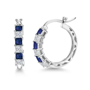 1.56 Cttw Blue Created Sapphire and White Moissanite Hoop Earrings for Women | 925 Sterling Silver | 3MM Princess Cut | 20MM | Fine Jewelry Gifts for Her Mom Women Wife