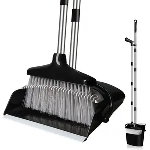 Upgrade Broom and Dustpan Set, Splastic broom dustpan cleaning brush set,elf-Cleaning with Dustpan Teeth, Self-Cleaning Broom Indoor & Outdoor Sweeping, Ideal for Pet Hair Removal, Easy Clean Design