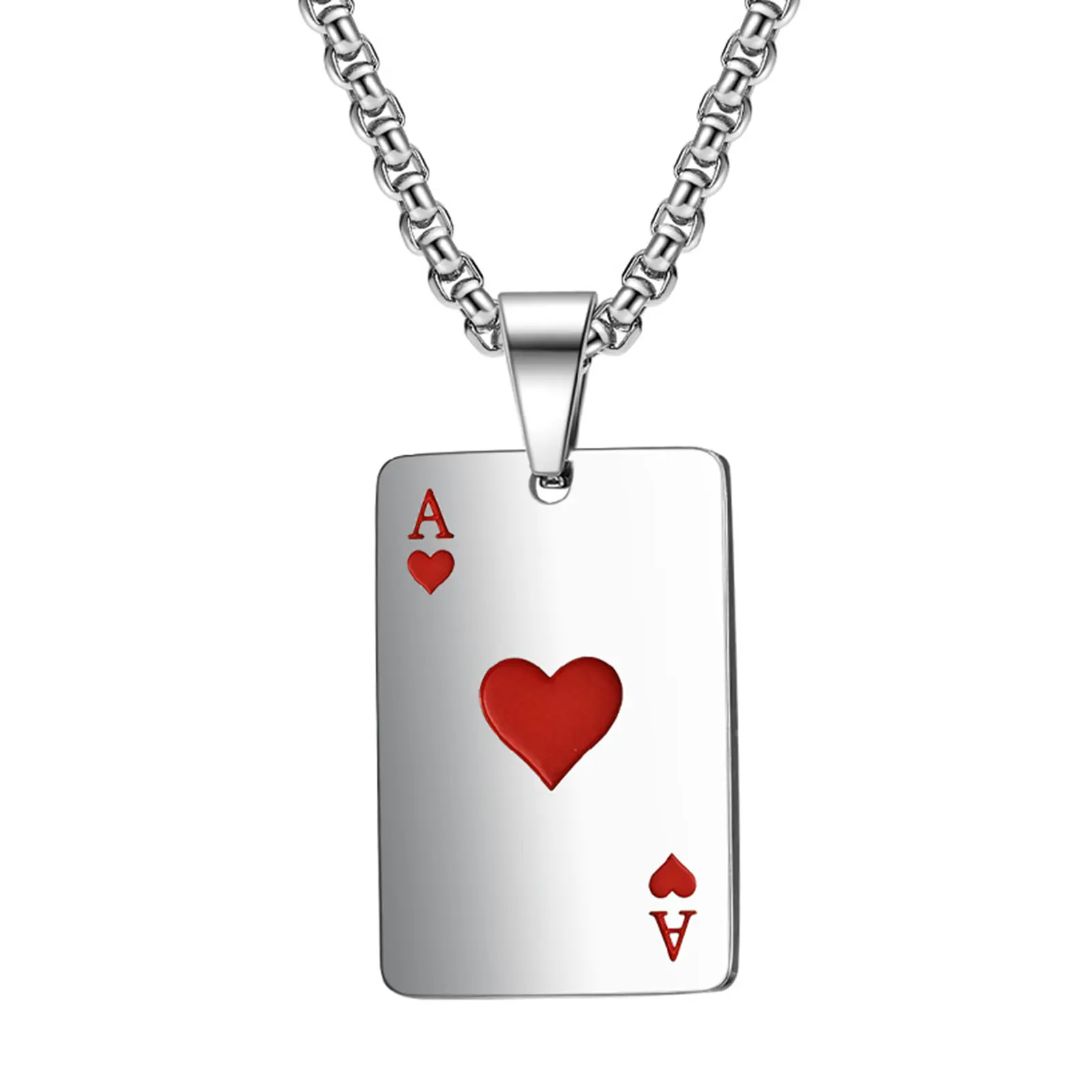 OIDEA Men's Stainless Steel Ace of Hearts Poker Card Pendant Necklace - Cool Streetwear Statement Chain, Glossy Heart Decoration Jewelry, Heart Decoration Necklaces, Glossy Heart Necklaces