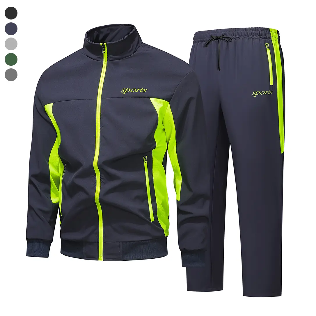Men's Retro Color-Block Stand Collar 2-Piece Athletic Set - Loose Zip-Up Jacket, Straight-Leg Pants for Running, Training