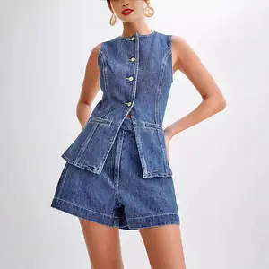 Women's 2026 New Fitted Solid Denim 2-Piece Set - Sleeveless, High-Waisted, Street Casual, Plus Size Lady's Clothes