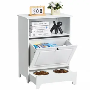 【Spotlight Day】VEVOR Pet Feeding Station with 2 Stainless Steel Bowls, Elevated Dog Bowls with Storage, Dog Food Storage and Feeder Station with Tilt Out Storage Cabinet, Pet Toy Storage Organizer, for Small Dogs