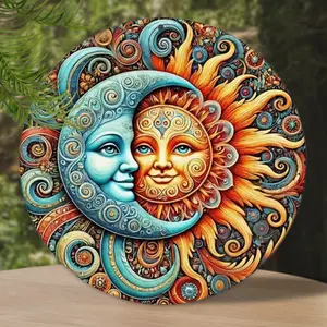 1Pc Vintage Aluminum Sign - 2D Flat Colorful Sun & Moon Hugging Bohemian Style | Psychedelic Swirl Pattern, Vibrant Hippie Home Decor, Celestial Wall Art | Premium Quality Metal, Round Decor Plaque Gift
