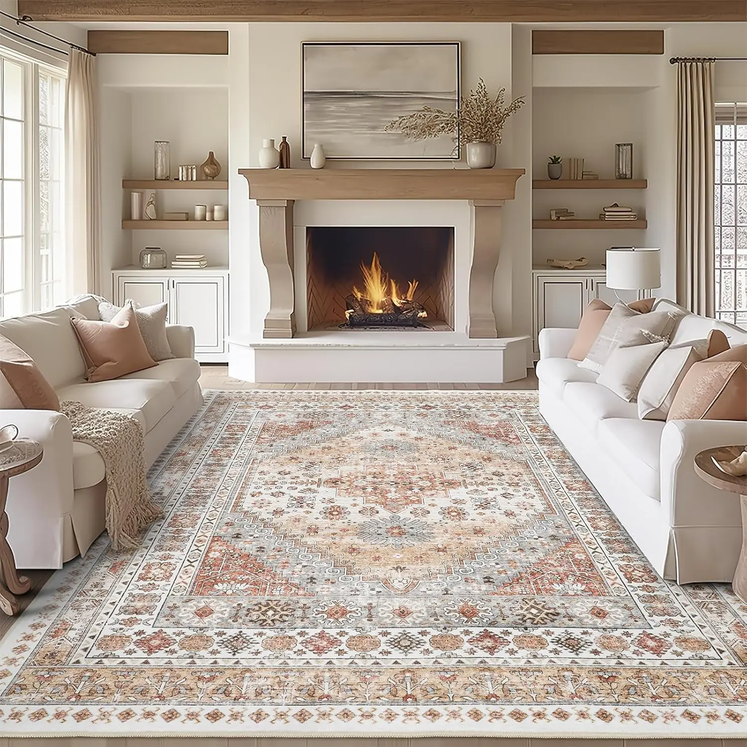 ComiComi Vintage Bohemian Farmhouse Area Rugs, Water&Stain-Resistant, Washable Rugs for Living Room, Soft & Cozy High-Density Low Pile, Sofa Area Rug, Kids&Pets Friendly, Non-Slip Rugs For Bedroom, Kitchen, Nursery, Kid's Room, Home Decor