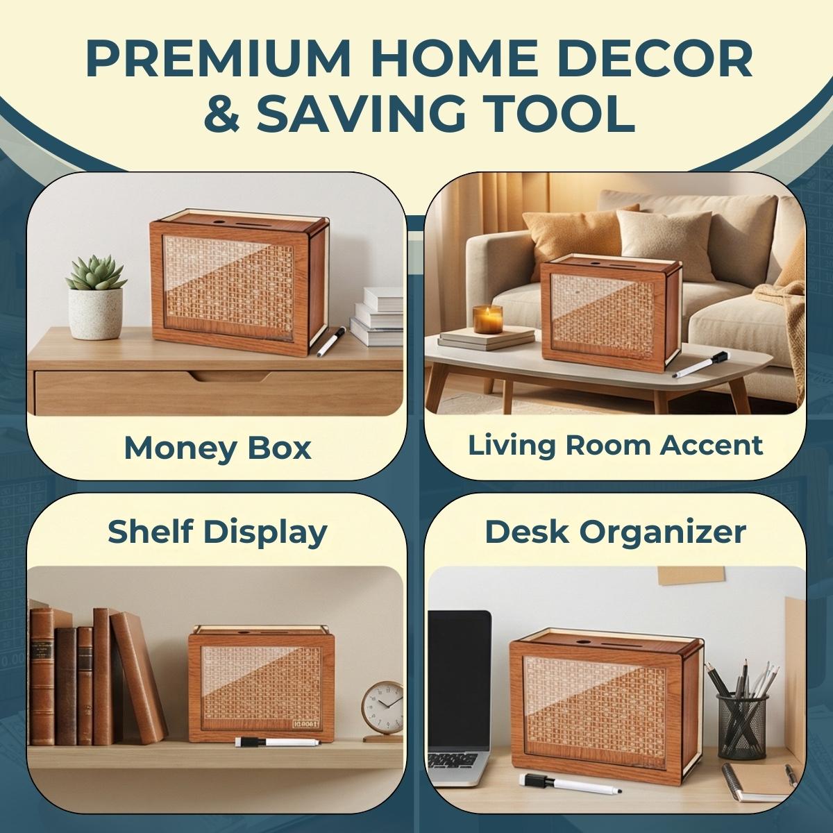 Wooden Cash Money Saving Box for Kids & Adults - Reusable $10,000 Savings Challenge Box with Progress Tracker & Cash Vault, Educational Piggy Bank Gift for Boys Girls