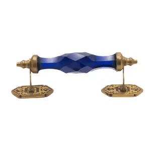 Antique Brass & Blue Crystal Pull Handle – Faceted Cabinet Hardware