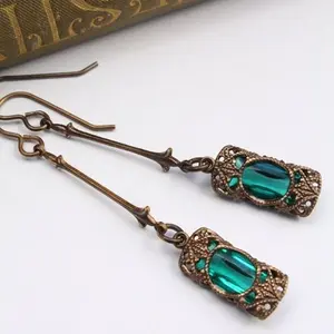 Women's Vintage Green Blue Zircon Rhinestones Long Dangle Earrings, Antique Bronze Decorative Drop Earrings, Classic Vintage Ancient Style Blue Stones Party Jewelry Gift, Ancient Style Earrings