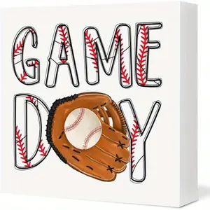Baseball Sign Decor for Boys Room, Baseball Game Day Wood Block Sign Sports Room Bedroom Table Shelf Decoration 5x5 inch