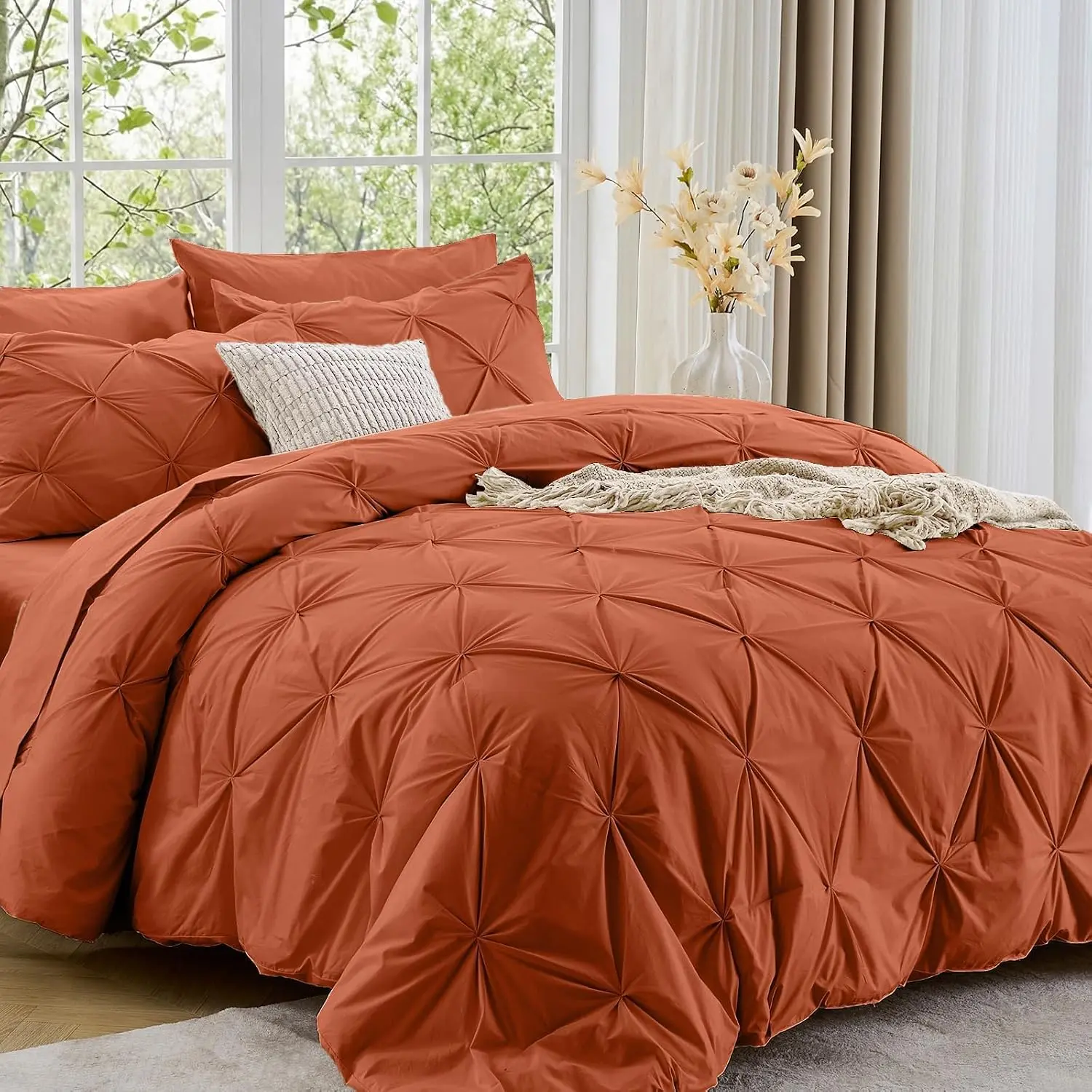 Sasttie 7-Piece Queen Comforter Set - Bed in a Bag with Tufted Fabric, Pintuck Design, All Seasons Bedding Including Comforter, Flat Sheet, Fitted Sheet, Pillowcases & Pillowshams, Burnt Orange